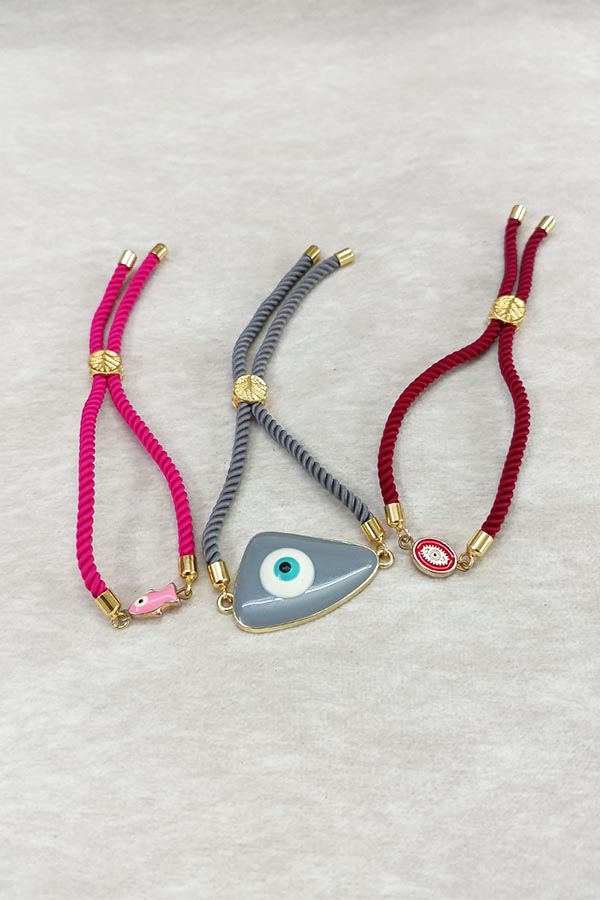 Chic Evil Eye & Fish Charm Adjustable Cord Bracelet Combo Set of 3