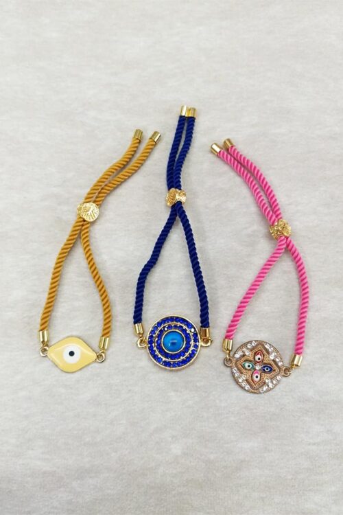 Divine Blue, Yellow & Pink Evil Eye Adjustable Bracelet Combo – Set of 3