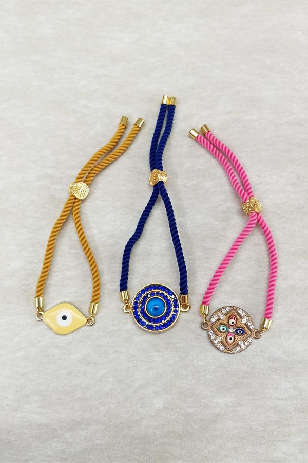 Divine Blue, Yellow & Pink Evil Eye Adjustable Bracelet Combo – Set of 3