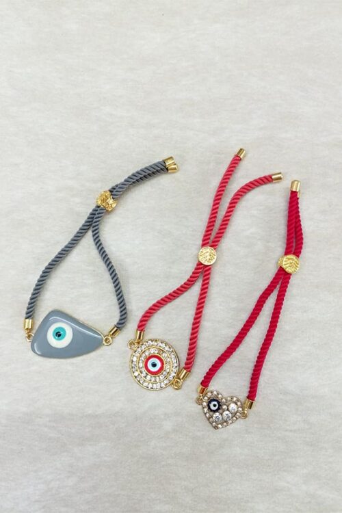 Grey & Pink Crystal Evil Eye Adjustable Bracelet Combo – Set of 3