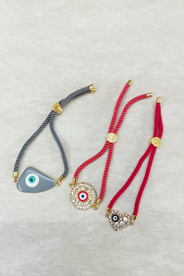 Grey & Pink Crystal Evil Eye Adjustable Bracelet Combo – Set of 3