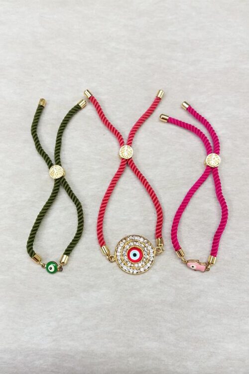 Olive Green & Pink Evil Eye Adjustable Bracelet Combo – Set of 3