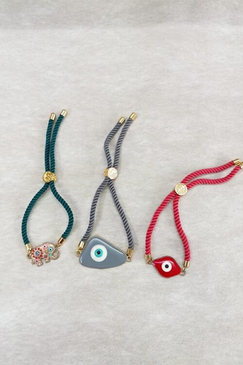 3-Piece Elephant, Triangular & Red Evil Eye Adjustable Cord Bracelet Combo (Teal, Grey, Red)