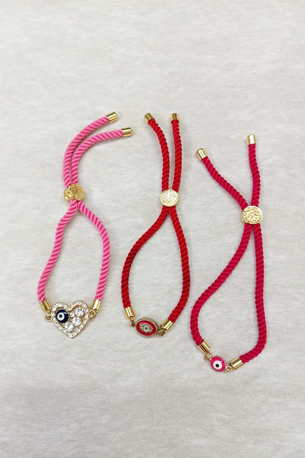 Pink & Red Crystal Evil Eye Adjustable Bracelet Combo – Set of 3