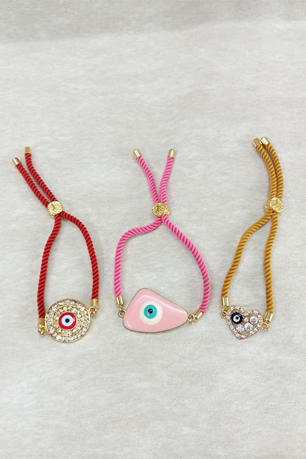 3-Piece Crystal Red Circle, Pink Triangular & Heart Evil Eye Adjustable Cord Bracelet Combo (Red, Pink, Mustard)